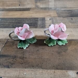 Vintage Set 2 Capodimonte Italy Porcelain Pink Rose Flower Candle Holders